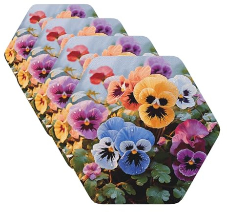 Pansy Flowers Coasters For Drinks Set Of 4 Leather Tea Cup Coaster Drink Coasters For Cup Kitchen Bar Home Decor Housewarming Gift