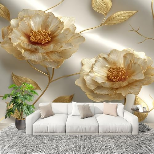 Générique Moderne Art Fresque Papier Peint 350x256cm Fleurs En Relief DoréEs Poster mural intissé Décoration Murale Blanc pour Fresque Murale 3D HD pour Salon Chambre Cuisine