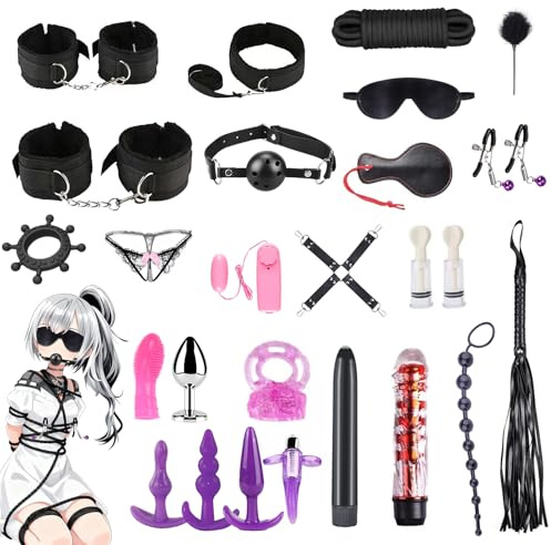 Ninonly 26PCS BDSMS Spielzeug Hart für Paare Männer Frauen | Verstellbare Handschellen, Fußfesseln, Peitsche, Augenmaske, Federstab, Vibrator