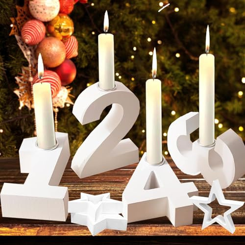 DFADKYWU 7 Stück 4er Adventszahlen Kerzenhalter, 1-4 Zahlen Kerzenständer, Holz Kerzenständer, Adventszahlen Adventskranz für Advent, Feiertage, Valentinstag, Weihnachten, Haus Kerzen Dekoration