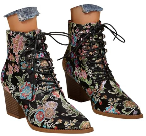Generisch Bottines brodées pour femme - Bottes basses tendance en cuir synthétique - Bottines à lacets - Semelle compensée - Bottes d'hiver à talon haut - Chaussures pour les occasions festives, O