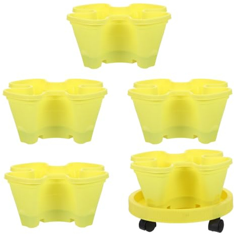 Angoily Jardinière Empilable à Fraises 6 Pièces 5 Pots Jaunes Quatre Pétales 1 Pot Transparent Tour de Plantation Verticale en Plastique Balcon et Terrasse pour Herbes Aromatiques