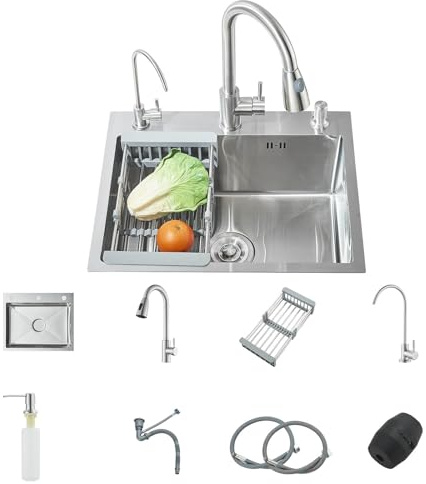 Junsottor - Fregadero de cocina (1 bandeja de acero inoxidable cepillado, con sistema de doble grifos (grifo extraíble + grifo de agua pura) escurridor, cesta de vajilla y dispensador de jabón