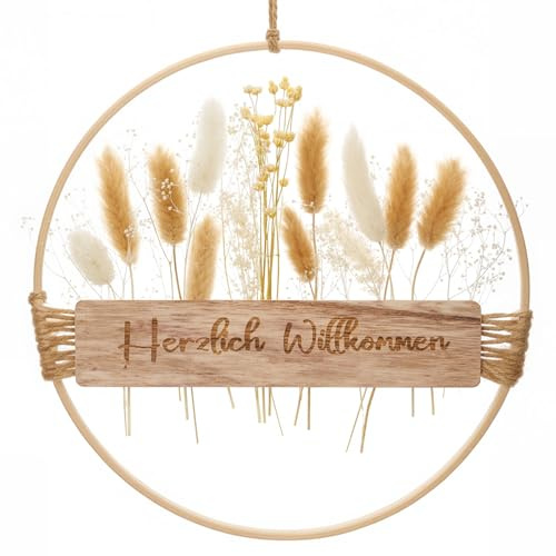 Xinnun Türkranz Trockenblumenkranz Herzlich Willkommen Schild,Warm | Holz Türkranz, Trockenblumen, Ganzjährig, Haustür Willkommensschild, Boho Türdeko, Hängedeko für Wand Fenster Deko, 25 cm