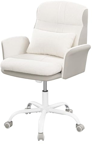 Hzuaneri Schminktisch Stuhl mit Rückenlehne, Drehstuhl mit Wippfunktion, Homeoffice Stuhl aus belüftetem Sherpa Stoff und PU Leder, Geeignet für Schlafzimmer, Büro und Wohnzimmer, Beige-Weiß OC00499WG