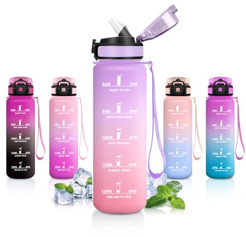JAPORIA Borraccia Sportiva 1L, Borraccia con Cannuccia, Bottiglia Acqua Motivazionale con Scala Temporale, Antigoccia, Facile da Trasportare, Bottiglia per Ufficio, Corsa, Scuola, Campeggio, Viaggio