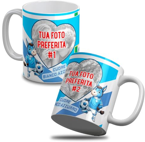 quickgadget Tazza Personalizzata con 2 Foto, Tazza in Ceramica per Tifoso Napoli Napoletano Bianco Azzurro, Idea Regalo Calcio Cuore Azzurro, Gadget Casa Ufficio Portapenne