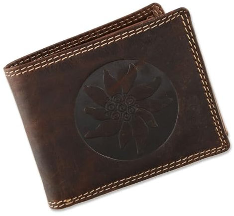 Herren Geldbörse Portmonee Portemonnaie Geldbeutel Leder Edelweiß Blume Braun