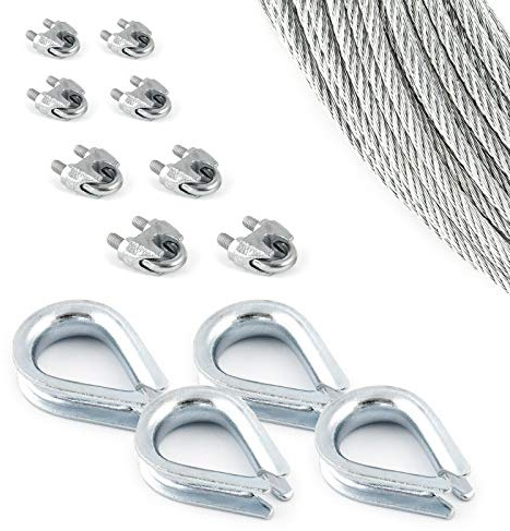 DQ-PP stållina SET | 3 mm 6 x 7 medium mjuk | Förzinkad av stål | Byte 3 mm | Spänningslås kroköglor M5 | linsklämma bygel 3 mm | ledtråd för rankhjälp rep stål tråd skogsrep vindrep spännlina 20m Set 7