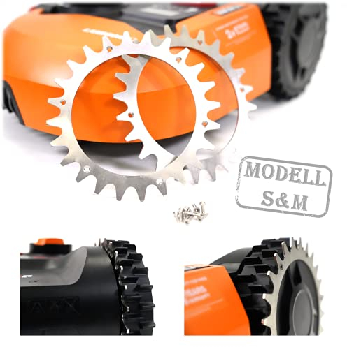 BEOS® PREMIUM EDELSTAHL Spikes für Worx Landroid S/M -Poliert -Gesenkte Schraubenlöcher-Entgratet- 12x Edelstahl Schrauben- Traktionsverbesserung für Mähroboter – Rasenmäher Roboter Radgröße 205 mm