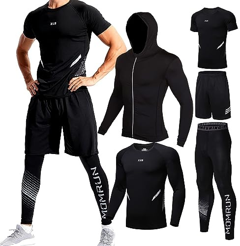 Set di abbigliamento sportivo da uomo, pantaloni a compressione, pantaloncini, maglia maniche lunghe, maglietta e giacca, per allenamento, fitness, palestra, attività all’aperto, corsa, confezione