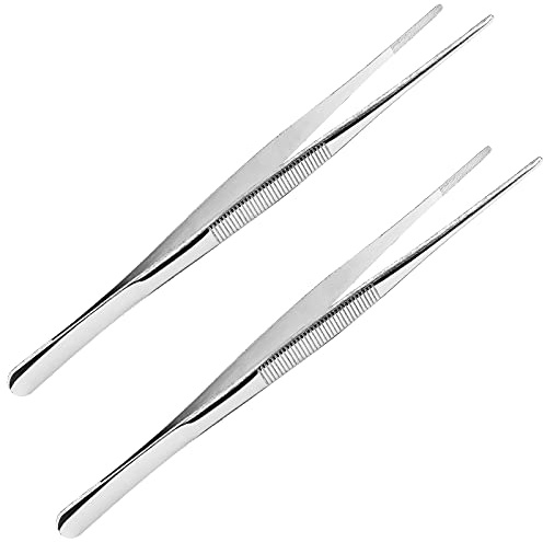 Suiwotin 2PCS 10 Inch Cooking Tweezers - Stainless Steel Long Tweezers with Straight Serrated Tip for Cooking, Bar, BBQ, Crafting, Repairing