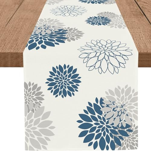 WHOMEAF Runner da tavola con dalia e pinnata, colore blu e grigio, moderno, elegante, con pompon, geometrico, decorazione per casa, sala da pranzo, feste, ingresso (33 x 183 cm)