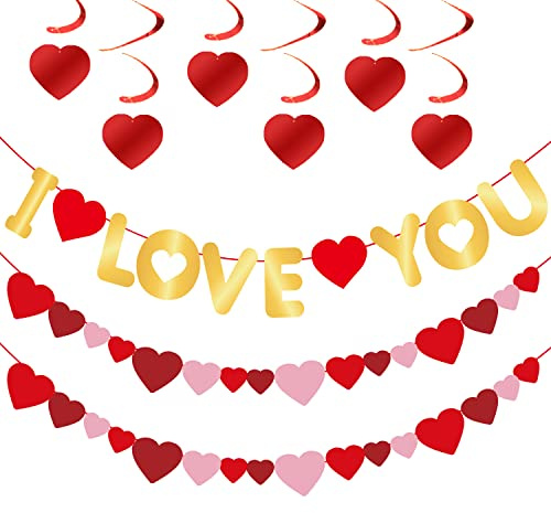 55 Pcs Valentines Decorations Hanging Swirl Valentine's Day Banner & Heart Garland Banner No DIY Required for Wedding Valentines Decorations Birthday