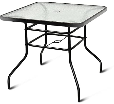 TANGZON Garden Dining Table with Parasol Hole, Tempered Glass Top Steel Frame Patio Table with Bottom Holder, Outdoor Coffee Bistro Table for Balcony Backyard Poolside (Square, 80 x 80 x 70cm)
