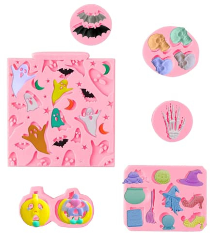 GIRAFEDA 6 Stück Halloween Silikonform 3D Silikon Backform Fledermaus Fondant Kürbis Gießform Geister Schokoladenformen Hexen Silikonformen für Kuchen Pudding Eiswürfeln Schokolad Cupcakes Bonbons