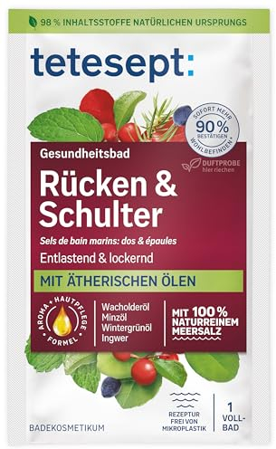 tetesept Meeressalz Rücken & Schulter – 10 x 80 g – Gesundheitsbad für Entspannung & Lockerung mit 6 ätherischen Ölen – Wohltuender Badezusatz mit natürlichem Meeressalz