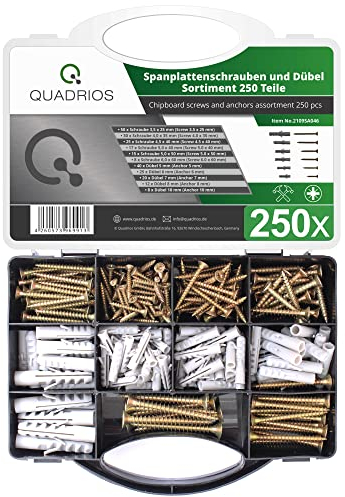 Spanplattenschrauben-Sortiment inkl. Dübel 250 Teile verschiedene Stahl-Schrauben, Senkkopf-Schrauben, Holz-Schrauben, selbstschneidende Universalschrauben – Heimwerken, Spenglerei, DIY, Handwerk, Bau