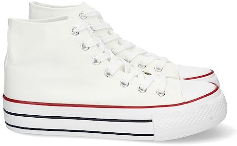 Zapatilla Abotinada de Mujer, de Doble Suela, Comoda, con Material de Lona, Estilo Bamba Casual, y Cierre de Cordones