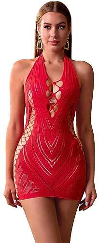 Bommi Fairy Robe en Rés pour Femme avec Décolleté Déshabillé Lingerie Séduisante Bodystocking Bodysuit Vêtements de Club Lingerie Sexy Minirobe Babydoll, rouge, XS-XXL