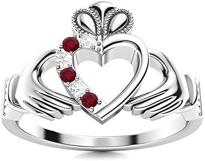 Ruby Round 2.00mm Claddagh Ring | Sterling Silver 925 With Rhodium Plated | Beautiful Design Claddagh Promise Ring (White, 61)