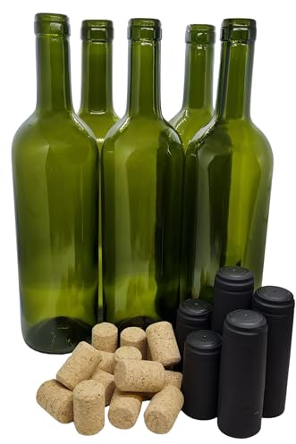 DIAH DO IT AT HOME 16x 750ml Olive Green Bordeaux Wine Bottles Set - Empty UV-Protect Glass with 16 Natural Corks & 100 Black Shrink Capsules for DIY Homebrew Winemaking & Bottling