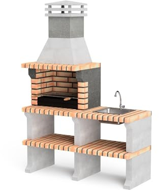 MOVELAR - Beton-Grill für Holz und Holzkohle Modell Liz Plus XL mit Spüle und Wasserhahn (Grau und Orange - 142 x 58 x 210 cm) REF: M00481 - Outdoor-Küche für Garten und Terrasse