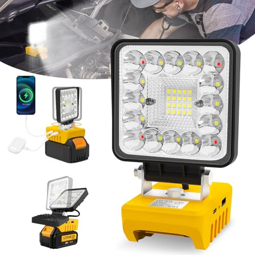 Cordless LED Work Light for Dewalt 18V/20V Battery, 5000LM 150°Rotatable LED Flood Light, Battery Operated Work Light, USB & Type-C Charging, Red Light for Sites, Car Repair, Garage, Emergency