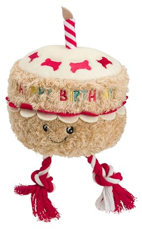 House of Paws Birthday Cake Dog Toy with Rope and Squeaker - Plush Interactive Pet Toy