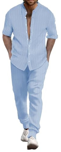 Junger Herrenanzug Slim Fit Herren Sommer Atmungsaktiv Zwei gerollte Ärmel Hemd Hose Set Herren Sportbekleidung Herren Zweiteilige Sportbekleidung, hellblau, L