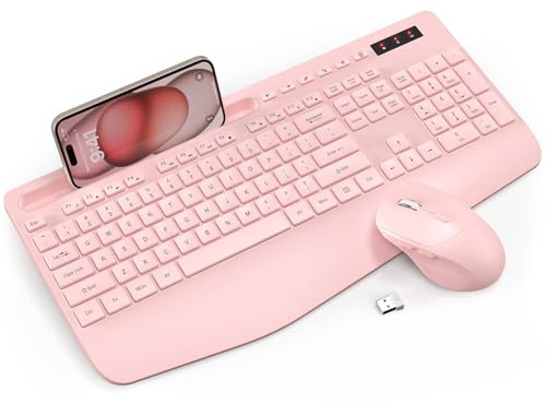 Combo tastiera e mouse wireless – Tastiera ergonomica di dimensioni standard con poggiapolsi, supporto per telefono, modalità sleep, tastiera silenziosa 2,4 GHz cordless mouse combo per computer, PC,