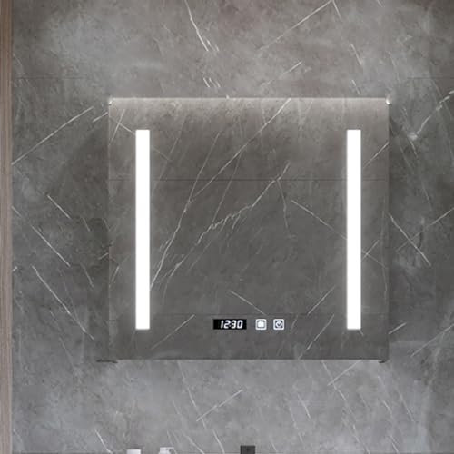 Intelligenter Medizinschrank aus Massivholz mit LED-Beleuchtung und Spiegel, Spiegelschrank aus Holz mit Aufbewahrung, beschlagfrei, Badezimmerspiegel mit Aufbewahrung zur Wandmontage, Zeit-