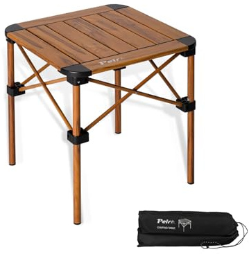 Peirhw Lightweight Aluminum Folding Square Table, Roll Up Top Portable Camping Table, Small Folding Table Metal for Beach, Picnic, Backyards, Tent (Woodgrain, 15.8 x 15.8 x 15.8in)
