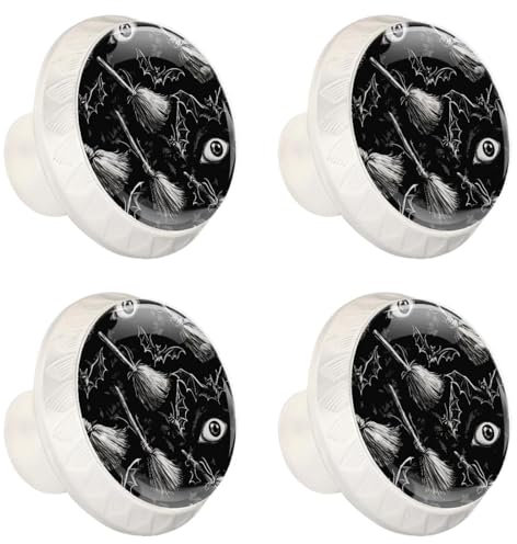 4 Pieces Drawer Knobs Halloween Brooms Flying Eyes Bats 35mm White Base Dresser Knobs Closet Door Cabinet Hardware Handles Pulls for Kitchen Bedroom Cupboard