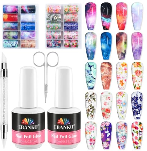 EBANKU Nagelfolienkleber Gel Set, 30ML Nagelkleber mit 20 Stück Blumen & Sternenhimmel Transferfolien Gel Nagelfolien für DIY Maniküre oder Salon, UV/LED Lampe erforderlich