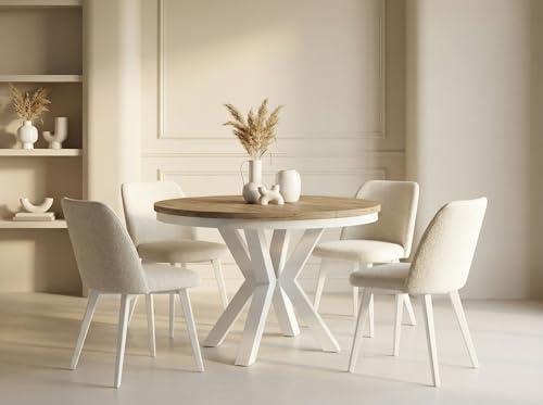 WFL GROUP Runder Ausziehbarer Esstisch im Loft-Stil - Industrieller Tisch mit Weißen Metallbeinen - Platzsparender Tisch für Wohnzimmer - Lancelot Eiche - 100 bis 180 cm