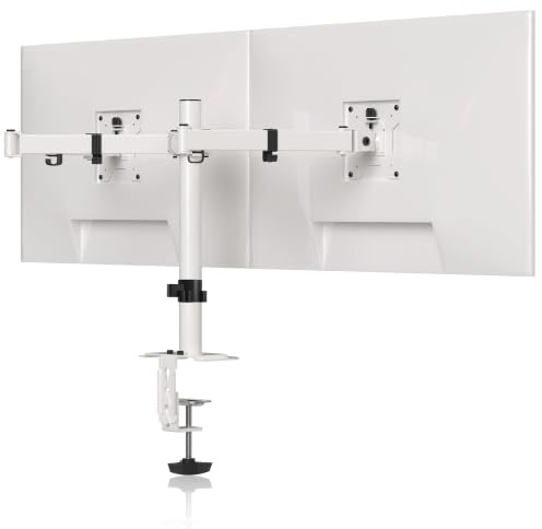 Pholiten Monitor Halterung 2 Monitore für 13-32 Zoll Bildschirm, Monitor Tischhalterung Höhenverstellbar Schwenkbar Neigbar, bis 10 kg je Arm VESA 75x75 / 100x100, Weiß