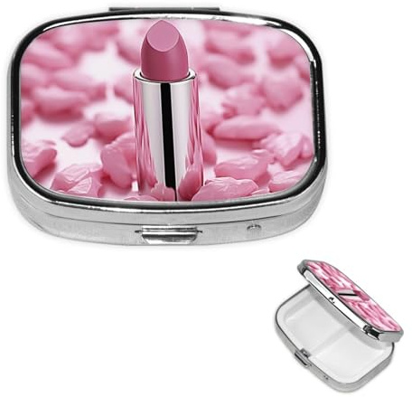 Pillendose mit 2 Fächern, tragbarer Metall-Pillen-Organizer, niedlicher Reise-Pillenbehälter, rosa Lippenstift-Muster, Vitamin-Organizer für Geldbörse, Tasche, Reisegeschenk