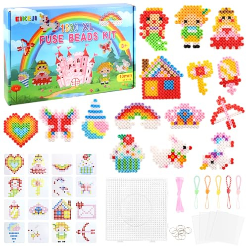 EIKEJI Set di perline da stirare grandi da 10 mm, 1500 pezzi XL con piastre, 16 motivi e carta da stiro, maxi set di perline XL da stirare per bambine dai 3 anni in su