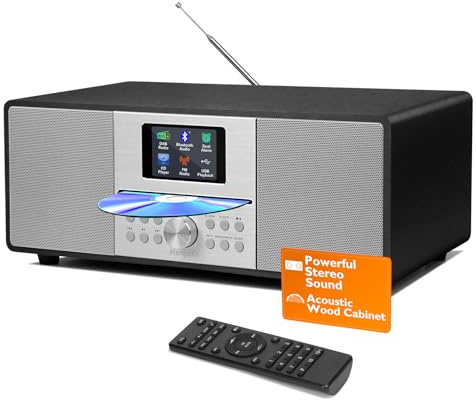 MangoKit MS4+ CD Player DAB Radio Hifi System I Bluetooth I Powerful Stereo System I Digital Radio DAB+I Acoustic Wood Cabinet ICD Player With Speakers I40 Presets, Headphone Jack I Metallic Black