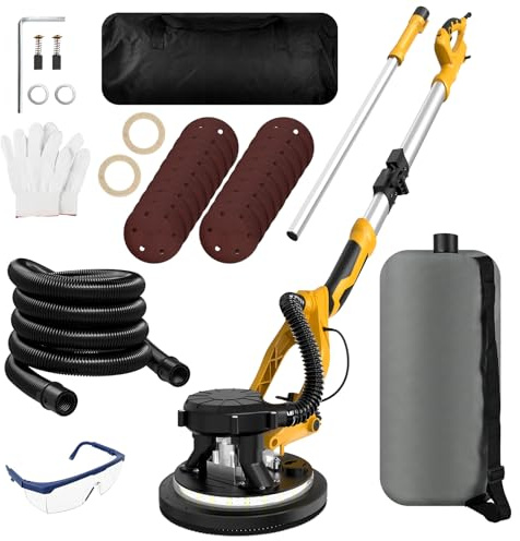 1250W Drywall Sander, 11.5A Electric Drywall Sander with Vacuum Dust Collector, 800-1800RPM 5 Variable Speed, Popcorn Ceiling Removal Tool with Extendable Handle, LED Light, 18x Sanding Discs