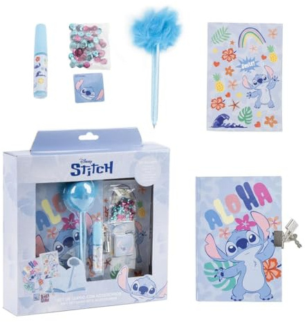 Set de papelería Stitch con diario, bolígrafo pompón, stickers, anillo, lápiz labial y accesorios – Diario Stitch ideal para escribir, decorar y regalar