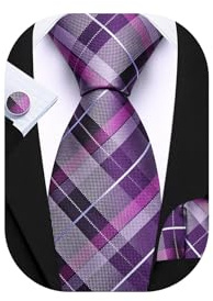 Barry.Wang Mens Purple Ties Plaid Striped Extra Long Necktie Silk Pocket Square Cufflinks Wedding Formal