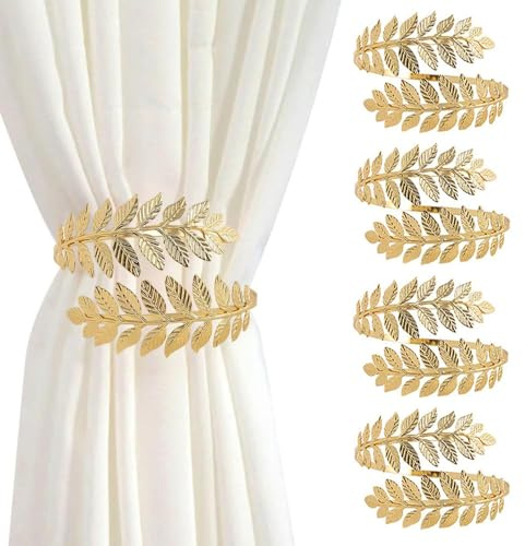 XFSRG Ganci per Tende Dorati a Forma di Foglia Fermatende Eleganti per Decorazioni Interne Accessori per Tende e Tendine Raffhalter per Salotto e Camera da Letto (Oro, 4 Pezzi)
