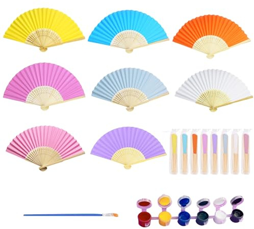 Cjytdkj Handheld Paper Fan, 8pcs Fans, 8 Mesh Bags, Pigments, Paintbrush | DIY Painting Blank Paper Fans with Bamboos for Wedding Gift Party Home Show Performance (8 Colour)