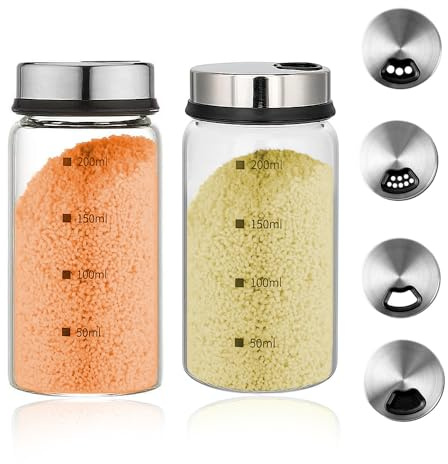 Yadiraom 200 ml tarros de especias con tapa giratoria: 2 tarros de especias, con 3 tipos de agujeros para especias, vidrio de borosilicato, grande para la cocina, cocina, barbacoa al aire libre