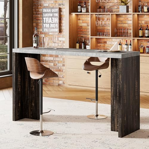 Bar Table for 4-6 People - 55” Long Counter Height Pub with Extra Thickened Tabletop, Modern Rectangular Home Bar Coffee Unit for Kitchen, Dining Room, Balcony, Living Room, Basement, Gray+Brown
