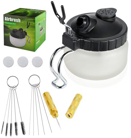 Airbrush Cleaning Kit AILHOMEWELL Airbrush Clean Pot Glass Cleaning Jar with Holder 5pc Cleaning Needles/5pc Cleaning Brushes/1 Wash Needle/6 Extra Filters