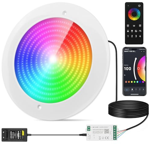 COOLWEST LED-poolbelysning med hartsfyllning och appkontroll, 32 W RGB poolspotlight, extra platt med fjärrkontroll, undervattens-LED-poollampa, IP68 vattentät, 24 V DC, ytmontering