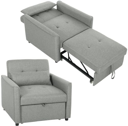 HOMCOM 3-in-1 Schlafsessel Umwandelbarer Sessel mit Bettfunktion Grau | Verstellbarer Rückenlehne, Breiter Sitzfläche, Lendenkissen, Schlafsofa mit Leinenoptik, Wohnzimmer, Wohnung